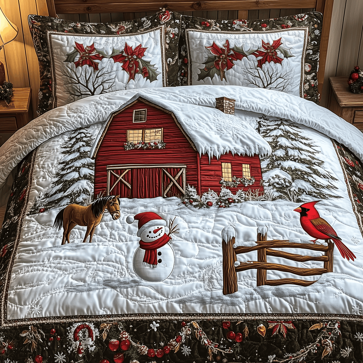 Peaceful Winter Farmhouse 3 Piece Quilted Bedding Set Christmas Gift For Farmhouse Decor Lovers