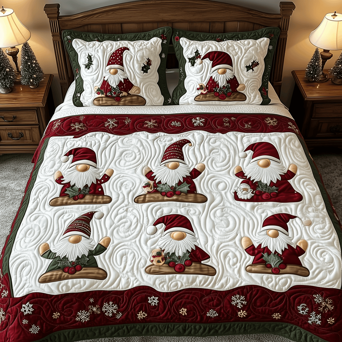 Gnomes 3 Piece Quilted Bedding Set Christmas Gift For Holiday Decor Lovers