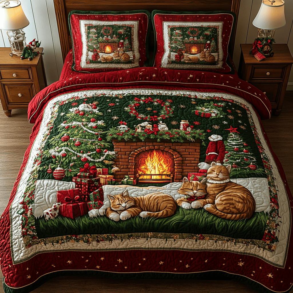 Cozy Fireplace 3 Piece Quilted Bedding Set Christmas Gift For Holiday Decor Lovers