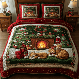 Cozy Fireplace 3 Piece Quilted Bedding Set Christmas Gift For Holiday Decor Lovers