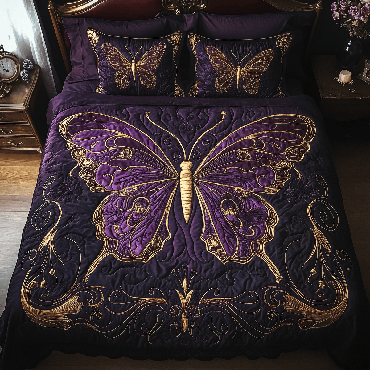 Midnight Butterfly 3 Piece Quilted Bedding Set Gift For Butterfly Lovers