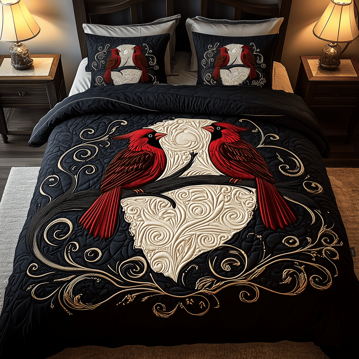 Red Cardinal Couple 3 Piece Quilted Bedding Set Gift For Bird Lovers