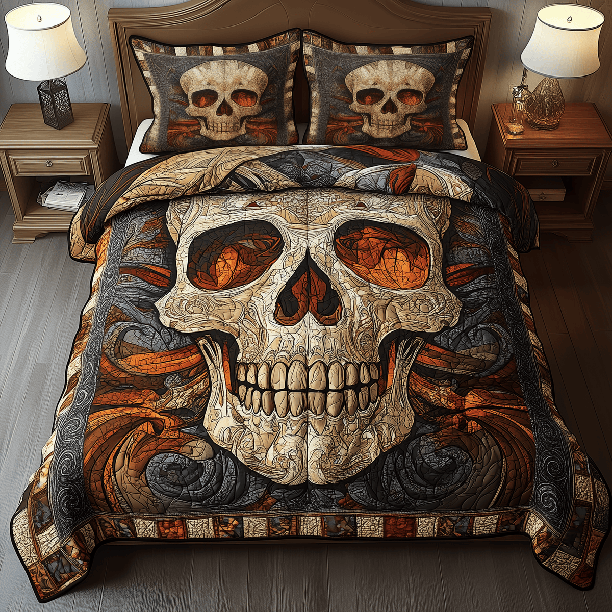 Mystique Solo Skull 3 Piece Quilted Bedding Set Gift For Gothic Decor Lovers
