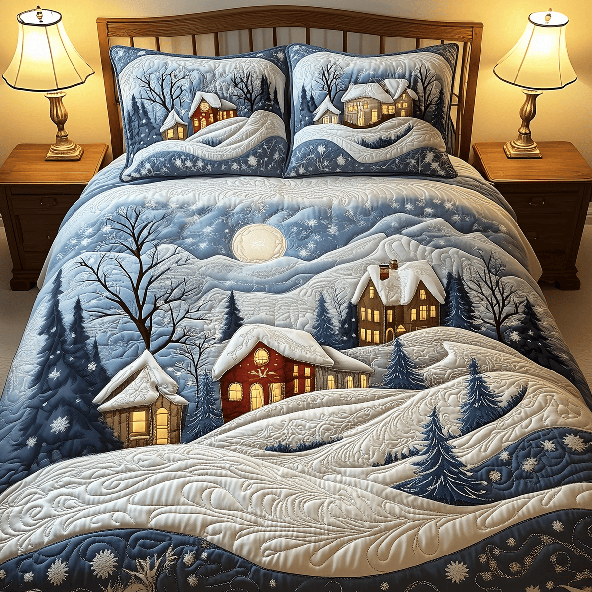 Village 3 Piece Quilted Bedding Set Christmas Gift For Holiday Decor Lovers