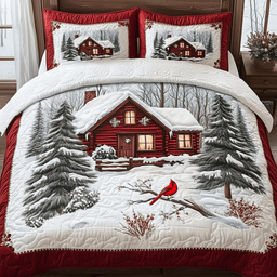 Peaceful Winter Cabin 3 Piece Quilted Bedding Set Christmas Gift For Holiday Decor Lovers