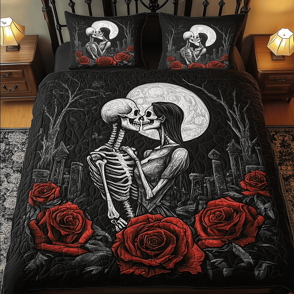 Skull Couple 3 Piece Quilted Bedding Set Gift For Gothic Decor Lovers
