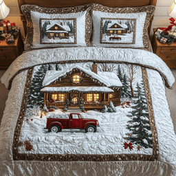 Snow Cabin 3 Piece Quilted Bedding Set Christmas Gift For Holiday Decor Lovers