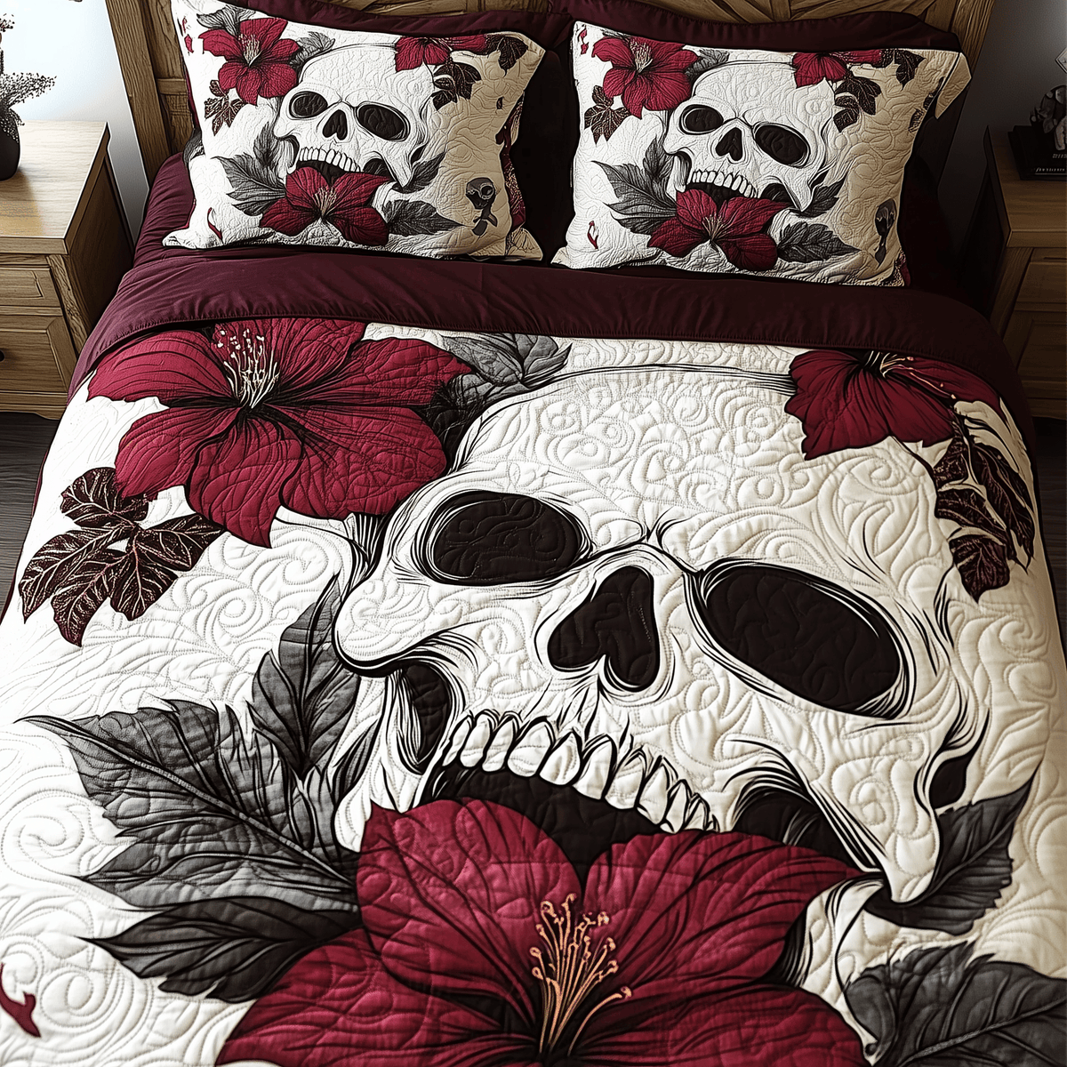 Skull Hibiscus 3 Piece Quilted Bedding Set Gift For Gothic Decor Lovers