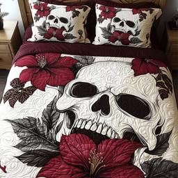 Skull Hibiscus 3 Piece Quilted Bedding Set Gift For Gothic Decor Lovers