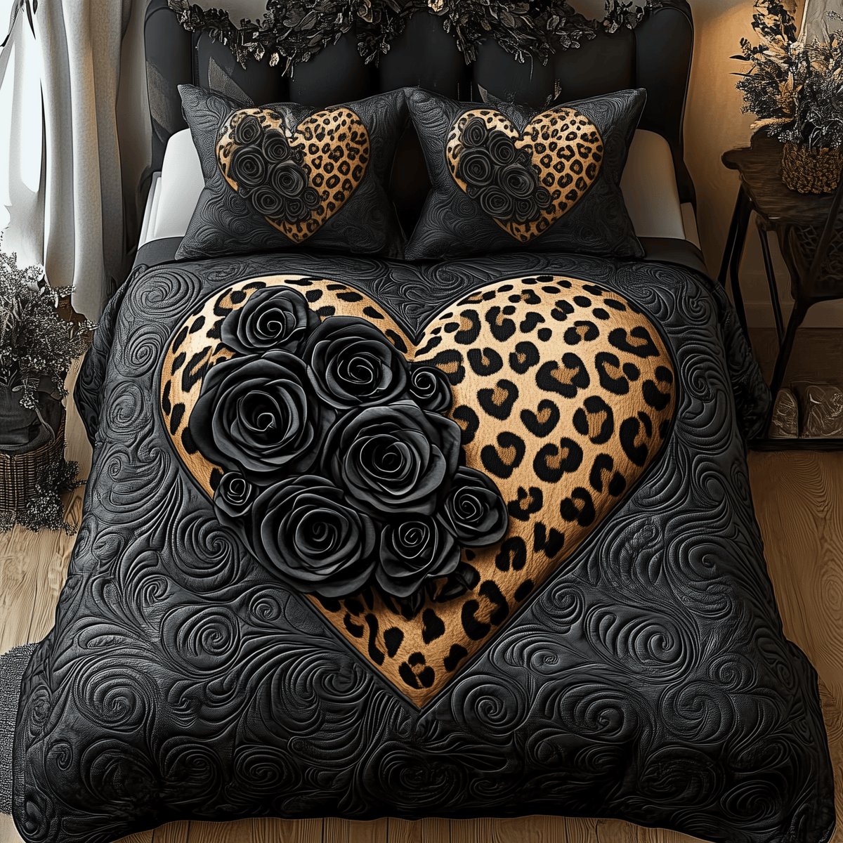 Black Leopard Rose 3 Piece Quilted Bedding Set Gift For Flower Lovers