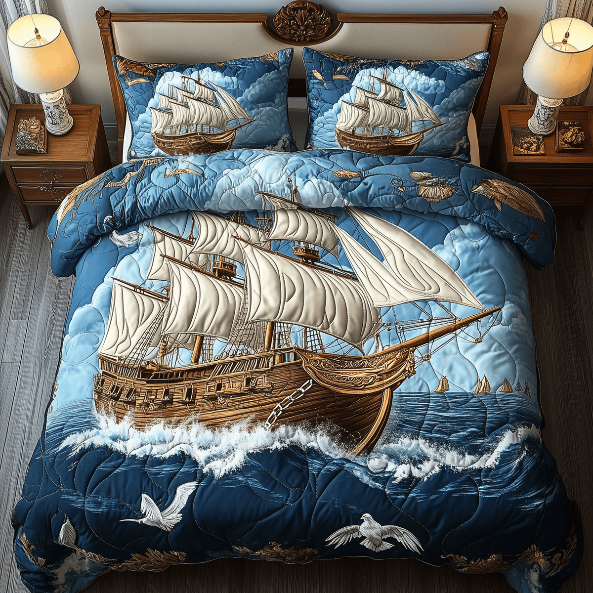 Peaceful Ocean Ship 3 Piece Quilted Bedding Set Gift For Beach Lovers