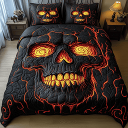 Lava Crack Skull 3 Piece Quilted Bedding Set Gift For Gothic Decor Lovers