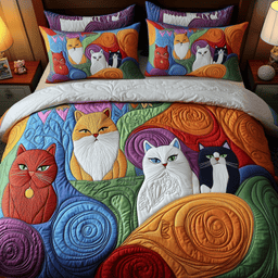 Whimsical Cat 3 Piece Quilted Bedding Set Gift For Cat Lovers