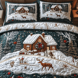 Enchanting Snow Cabin 3 Piece Quilted Bedding Set Christmas Gift For Holiday Decor Lovers