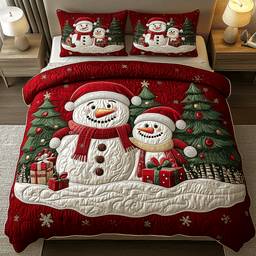 Cheerful Snowman 3 Piece Quilted Bedding Set Christmas Gift For Holiday Decor Lovers