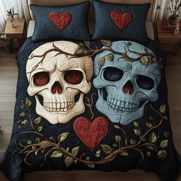 Skull Couple 3 Piece Quilted Bedding Set Gift For Gothic Decor Lovers