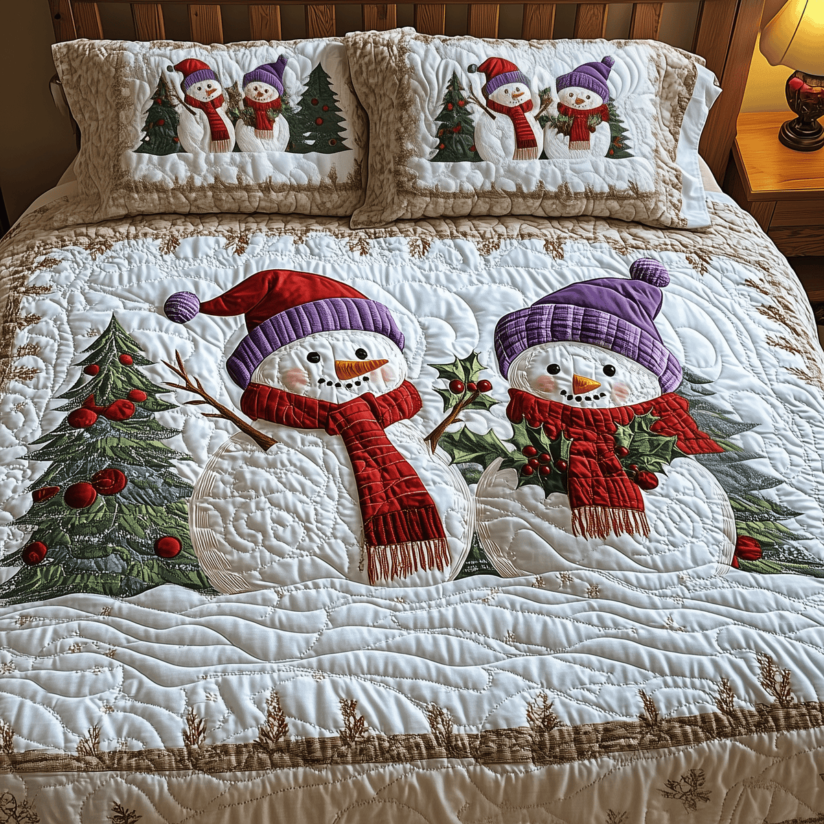Snowman Couple 3 Piece Quilted Bedding Set Gift For Holiday Decor Lovers