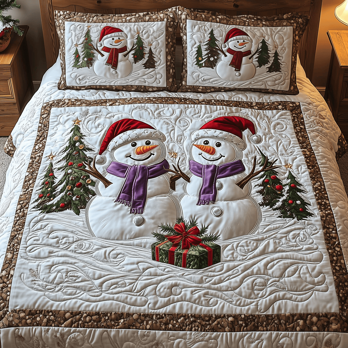 Snowman Couple 3 Piece Quilted Bedding Set Gift For Holiday Decor Lovers