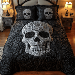 Skulll 3 Piece Quilted Bedding Set Gift For Gothic Decor Lovers