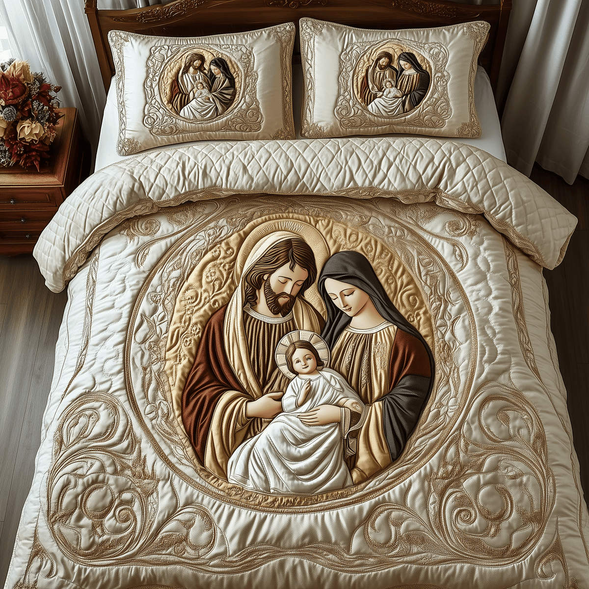 Nativity 3 Piece Quilted Bedding Set Gift For Christians