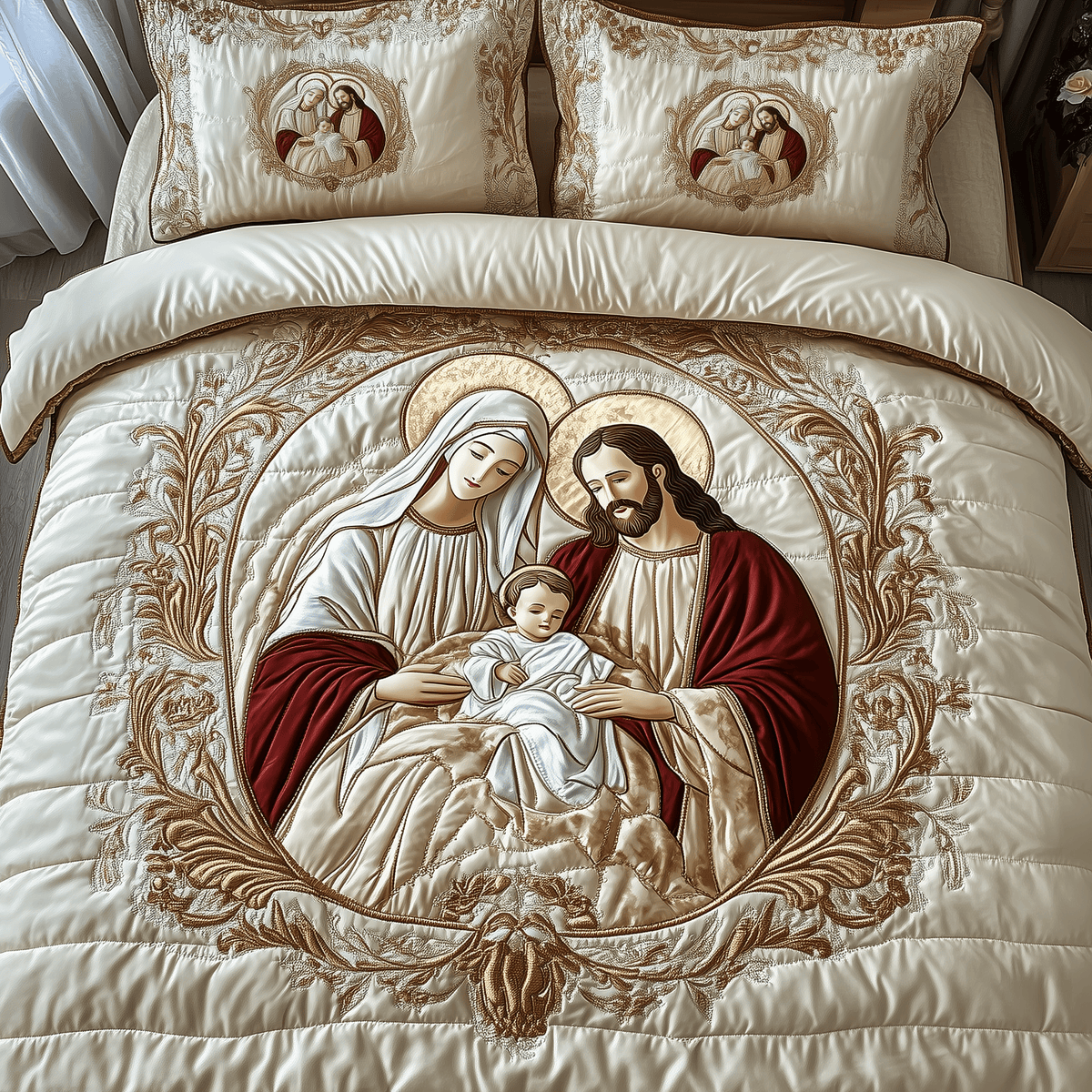 Nativity 3 Piece Quilted Bedding Set Gift For Christians