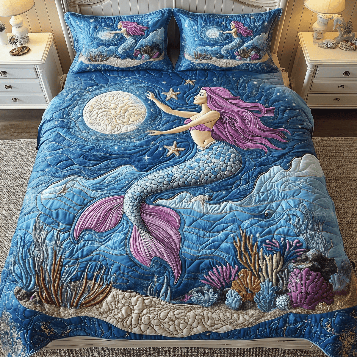 Ocean Mermaid Paradise 3 Piece Quilted Bedding Set Gift For Beach Lovers