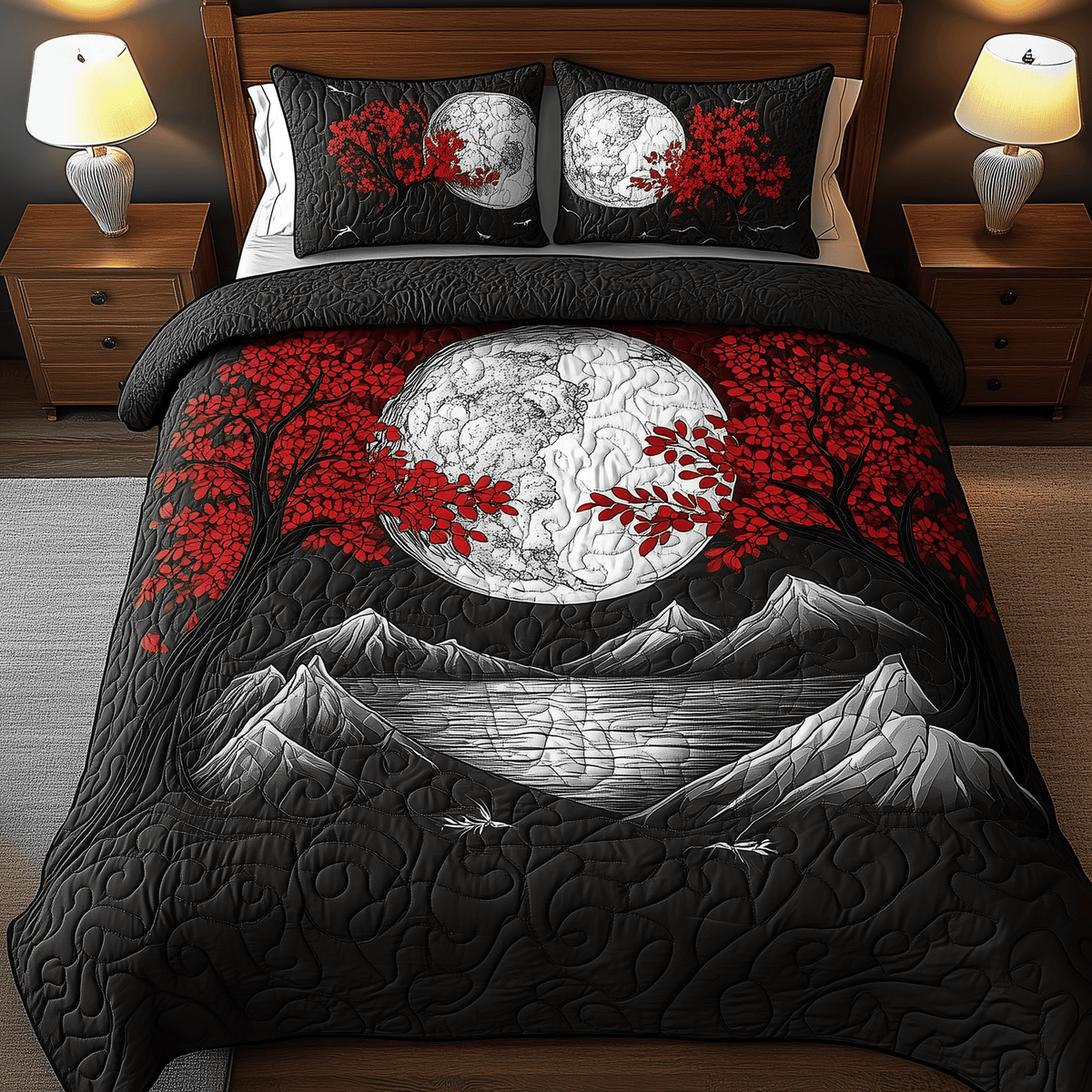 Moonlit Mystique 3 Piece Quilted Bedding Set Gift For Home Decor Lovers
