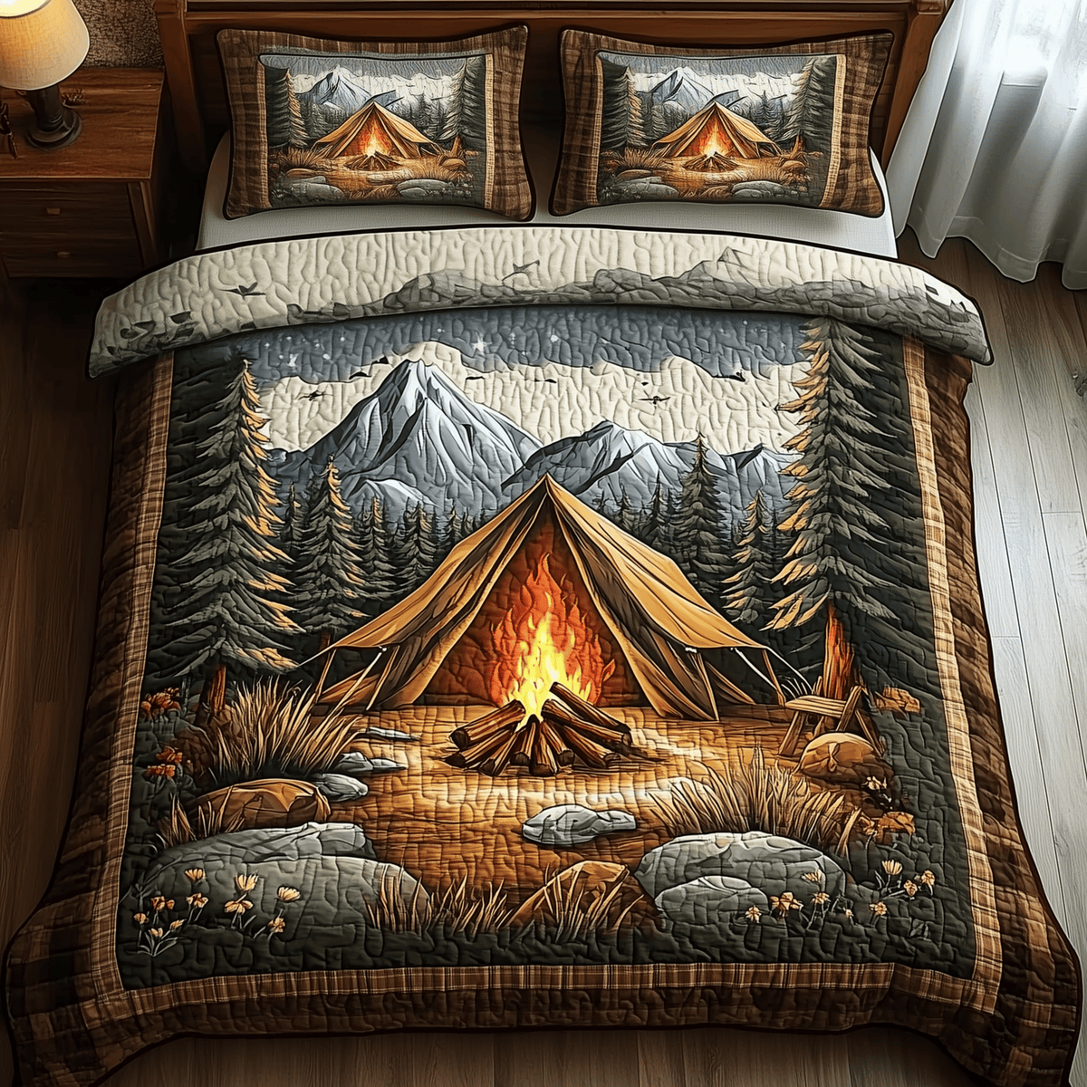 Peaceful Camping 3 Piece Quilted Bedding Set Gift For Campers