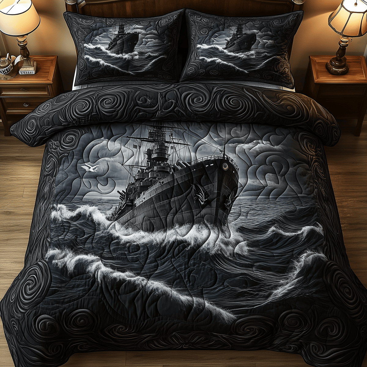 Battle Ship in the Storm 3 Piece Quilted Bedding Set Gift For Beach Lovers