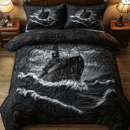 Battle Ship in the Storm 3 Piece Quilted Bedding Set Gift For Beach Lovers
