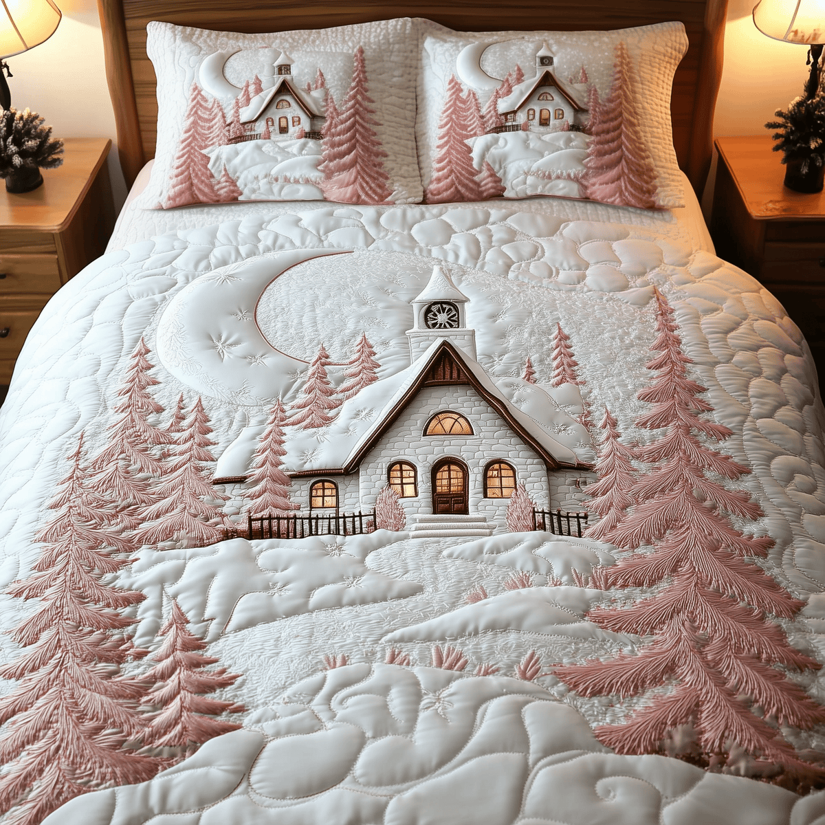 Elegant White Cabin 3 Piece Quilted Bedding Set Christmas Gift For Holiday Decor Lovers