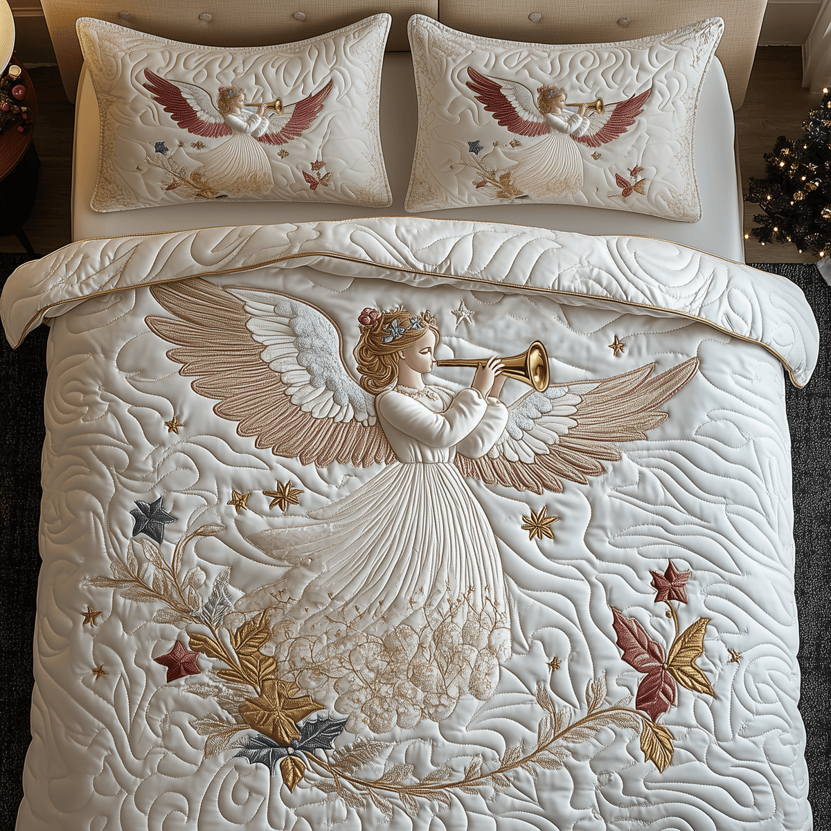 Angel 3 Piece Quilted Bedding Set Christmas Gift For Holiday Decor Lovers