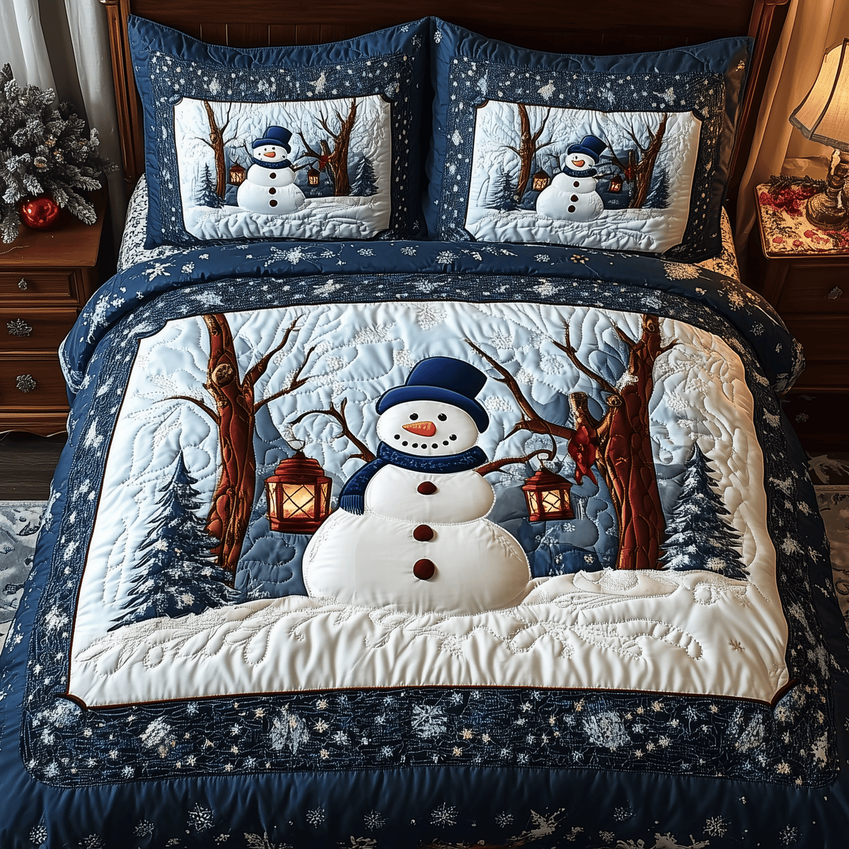 Happy Snowman 3 Piece Quilted Bedding Set Gift For Holiday Decor Lovers