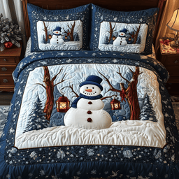 Happy Snowman 3 Piece Quilted Bedding Set Gift For Holiday Decor Lovers