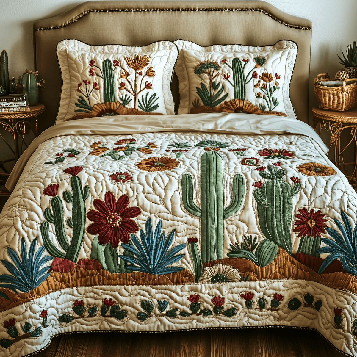 Cactus Festival 3 Piece Quilted Bedding Set Gift For Home Decor Lovers
