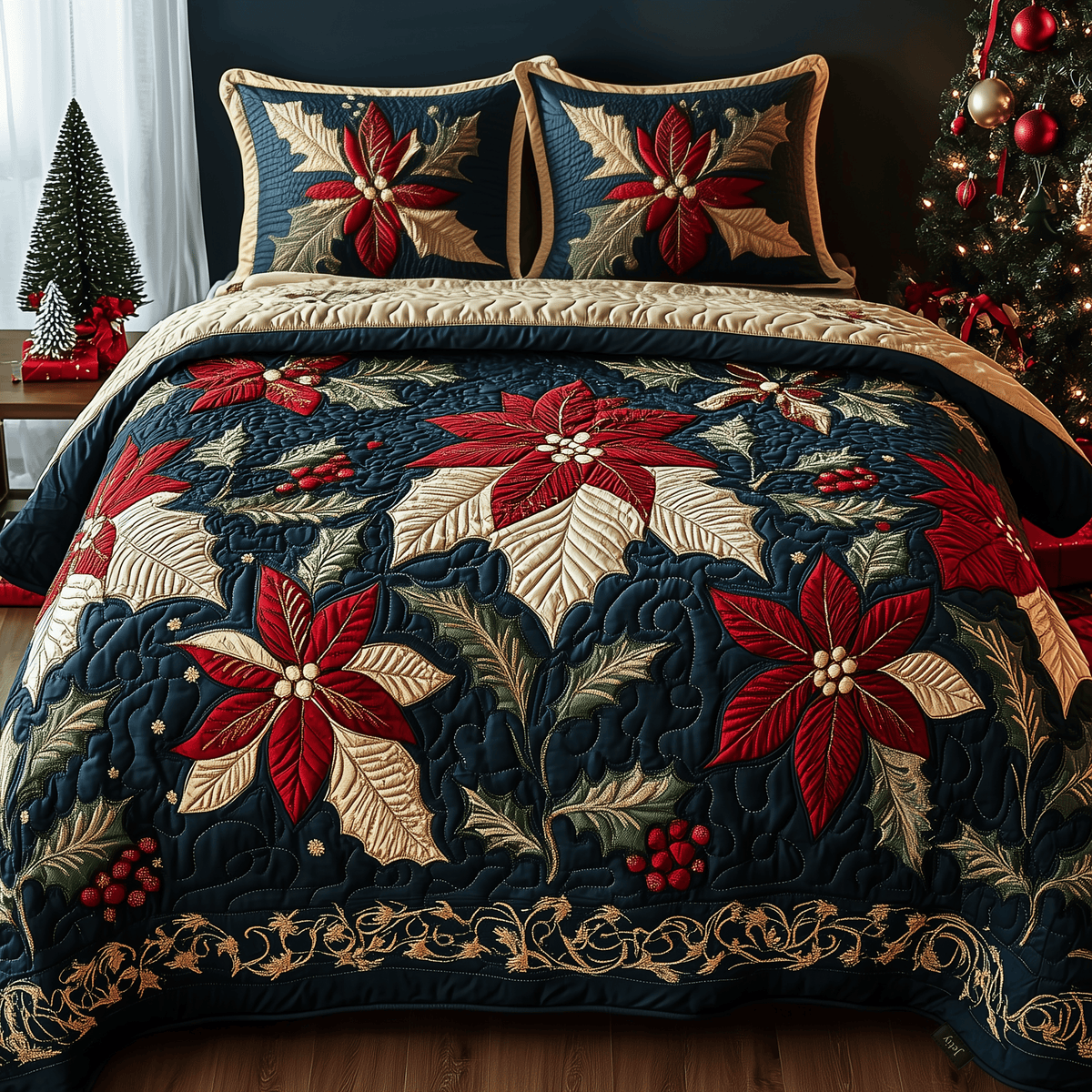 Festive Floral Dream 3 Piece Quilted Bedding Set Christmas Gift For Flower Lovers