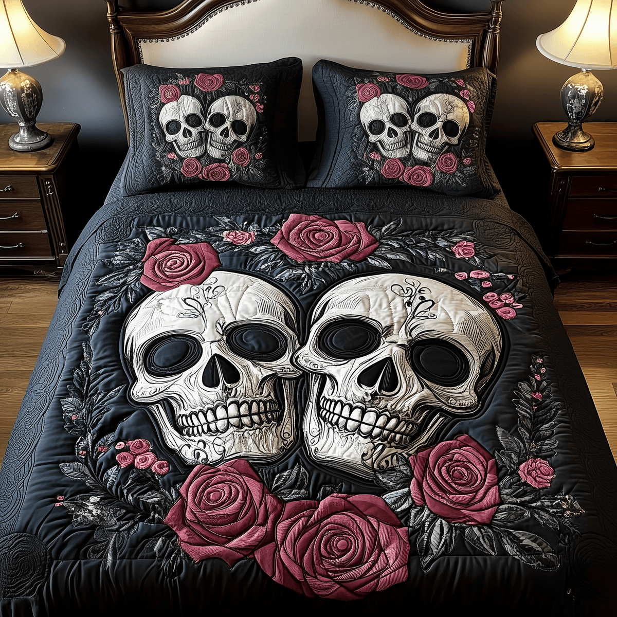 Skull Couple 3 Piece Quilted Bedding Set Gift For Gothic Decor Lovers
