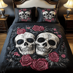 Skull Couple 3 Piece Quilted Bedding Set Gift For Gothic Decor Lovers