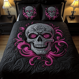 Skulll 3 Piece Quilted Bedding Set Gift For Gothic Decor Lovers