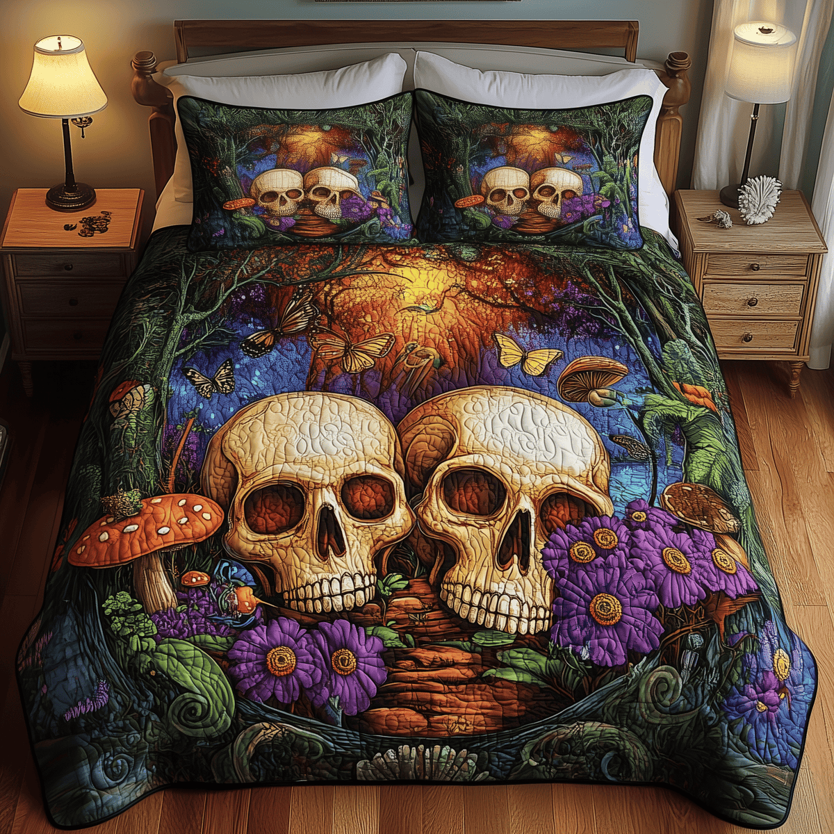 Dreamland Couple Skull 3 Piece Quilted Bedding Set Gift For Gothic Decor Lovers