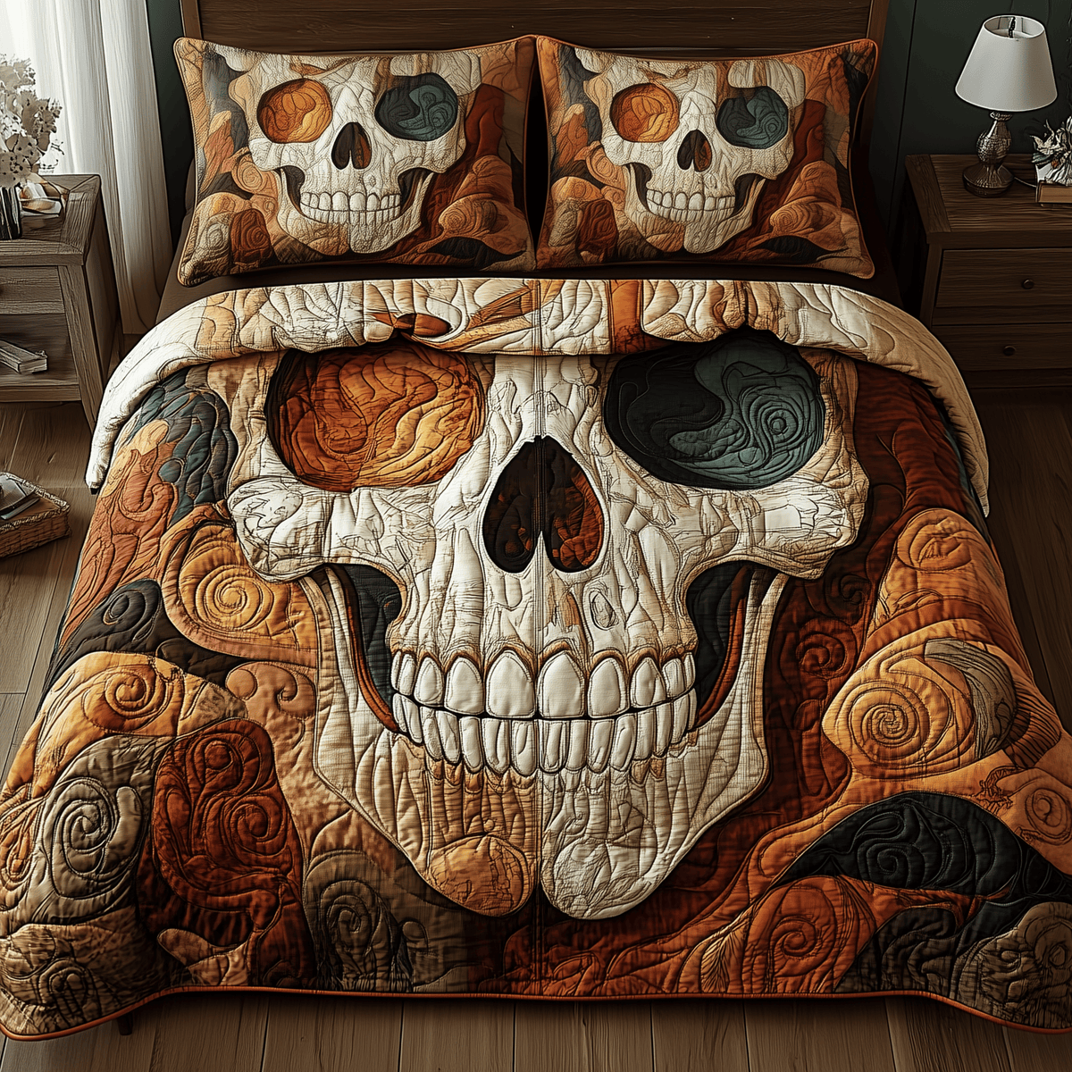 Mystique Skull 3 Piece Quilted Bedding Set Gift For Gothic Decor Lovers