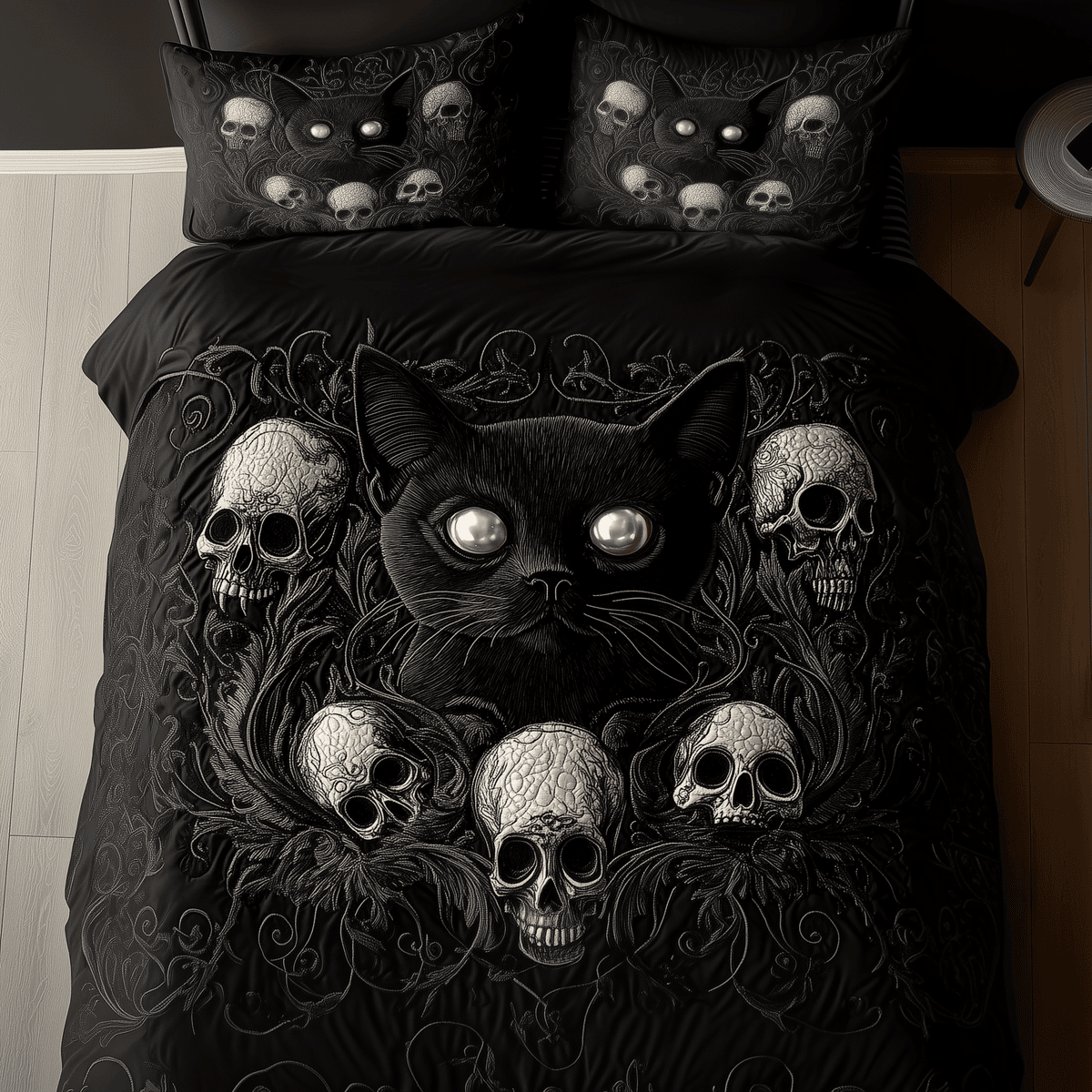 Skull and Black Cat 3 Piece Quilted Bedding Set Gift For Cat Lovers