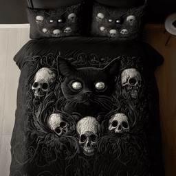 Skull and Black Cat 3 Piece Quilted Bedding Set Gift For Cat Lovers