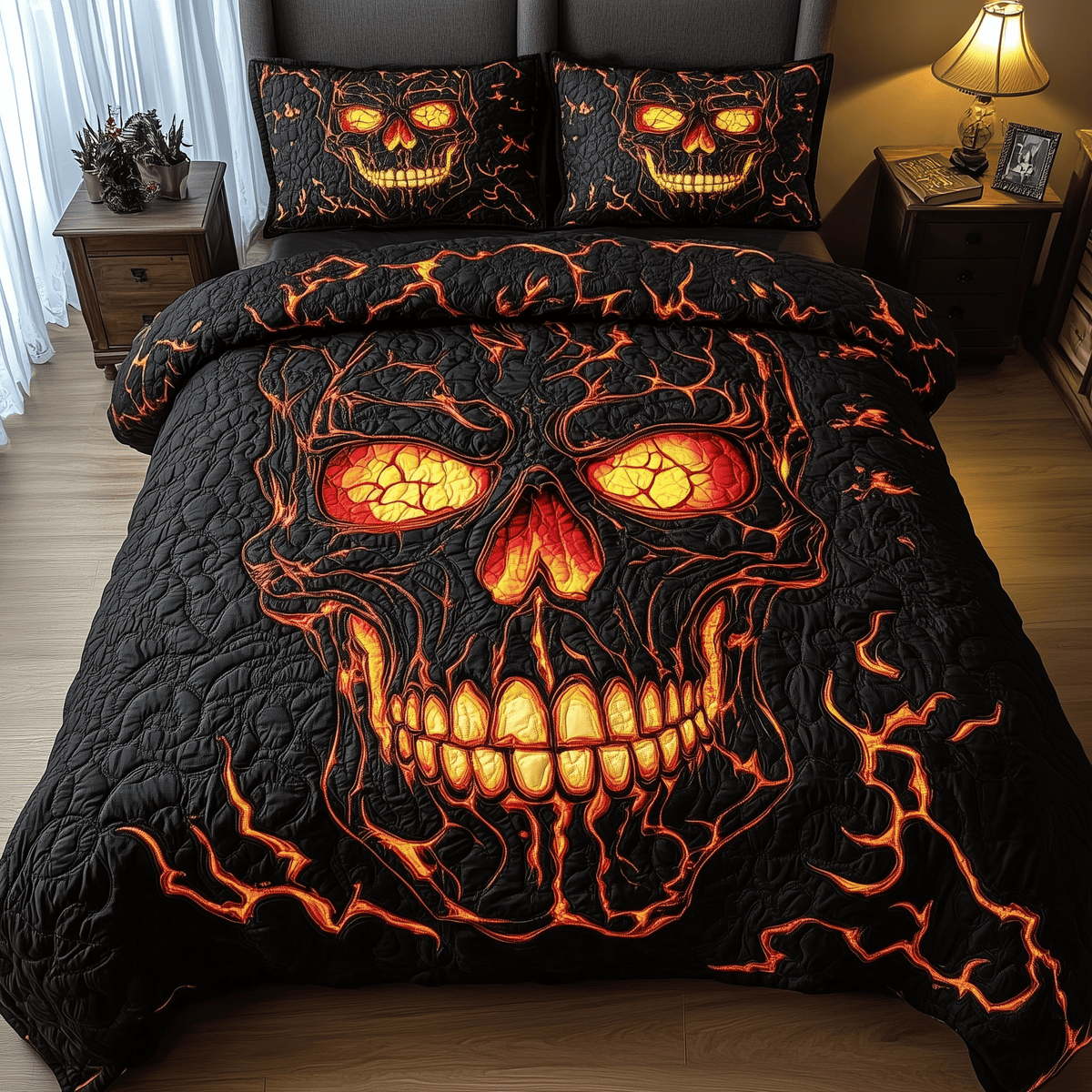 Lava Crack Skull 3 Piece Quilted Bedding Set Gift For Gothic Decor Lovers
