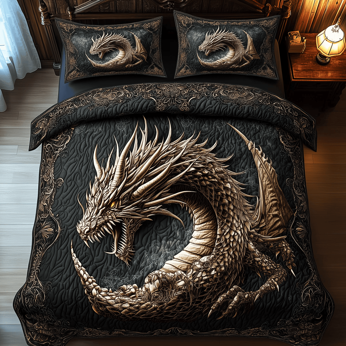 Majestic Dragon 3 Piece Quilted Bedding Set Gift For Fantasy Lovers