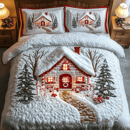 Candy Canes Whimsical House 3 Piece Quilted Bedding Set Gift For Holiday Decor Lovers