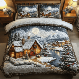 Peaceful Snow Village 3 Piece Quilted Bedding Set Christmas Gift For Holiday Decor Lovers