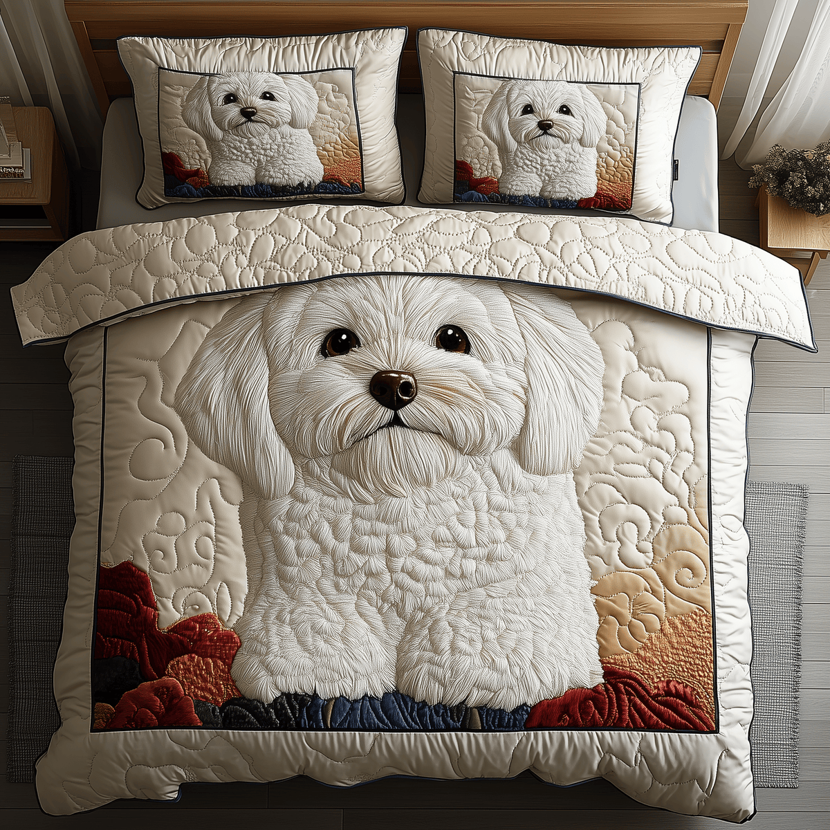 Adorable Bichon Frise Dog 3 Piece Quilted Bedding Set Gift For Dog Lovers