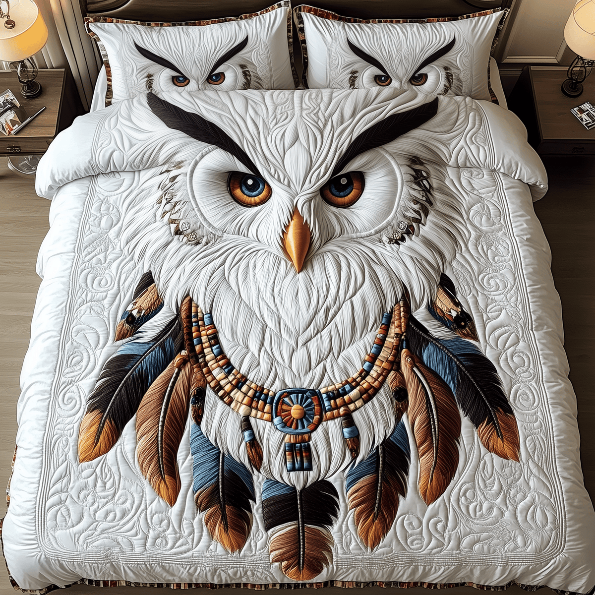 Native American Owl 3 Piece Quilted Bedding Set Gift For Bird Lovers