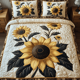 Vintage Sunflower 3 Piece Quilted Bedding Set Gift For Flower Lovers